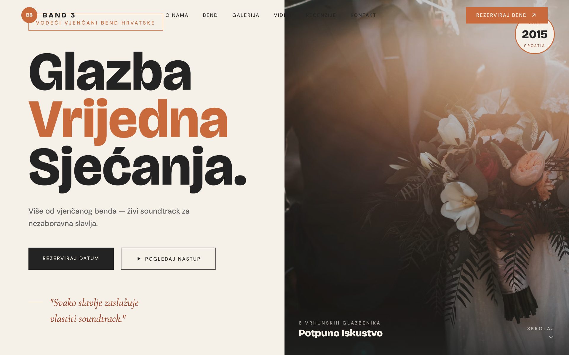 Primjer web stranice — svadbeni bend (editorial vintage dizajn)